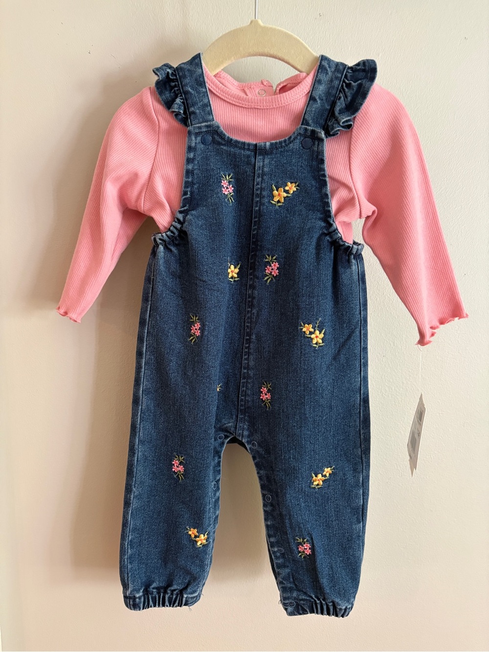 NWT Floral embroidered Denim ruffle overalls Little Me size 9 months